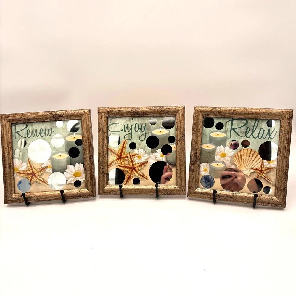 Coastal Beach House Wall Art Set 3 Renew Enjoy Relax Starfish Mirror Inset Decor